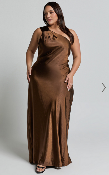 Showpo Ryan Maxi Dress - Tie Neck One Shoulder Dress in Chocolate