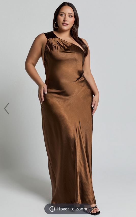 Showpo Ryan Maxi Dress - Tie Neck One Shoulder Dress in Chocolate