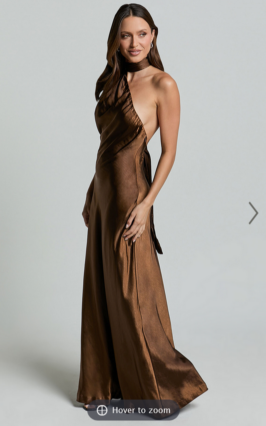 Showpo Ryan Maxi Dress - Tie Neck One Shoulder Dress in Chocolate