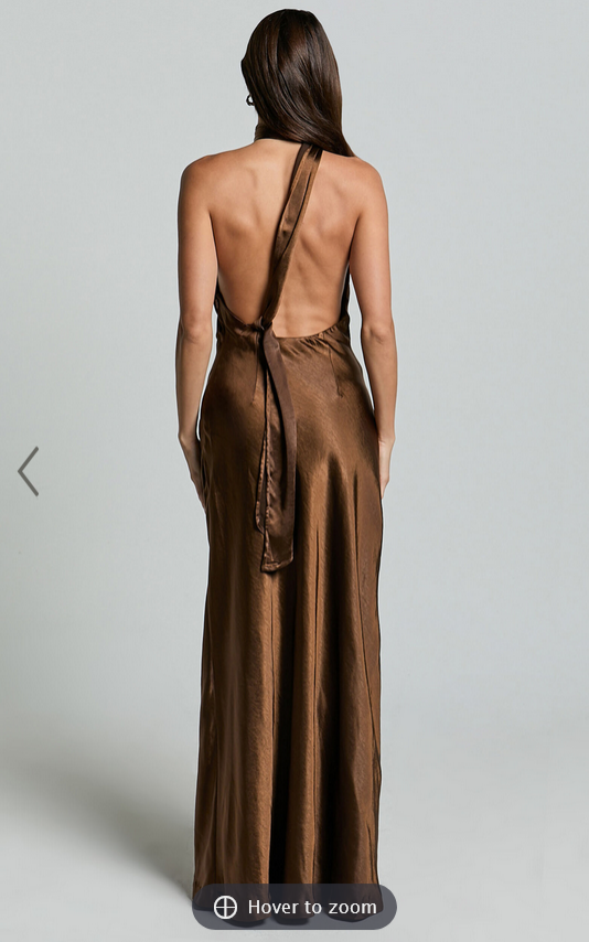 Showpo Ryan Maxi Dress - Tie Neck One Shoulder Dress in Chocolate