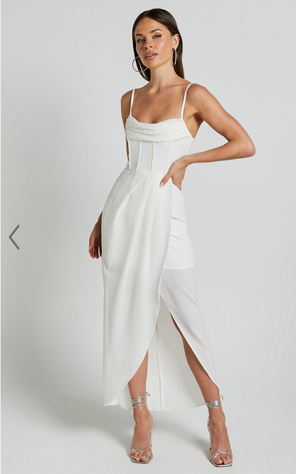 Showpo Andrina Midi Dress - High Low Wrap Corset Dress in White