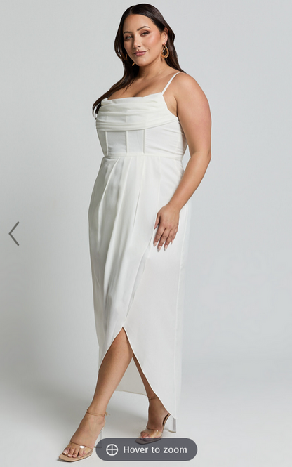 Showpo Andrina Midi Dress - High Low Wrap Corset Dress in White