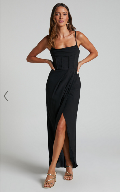 Showpo Andrina Midi Dress - High Low Wrap Corset Dress in Black