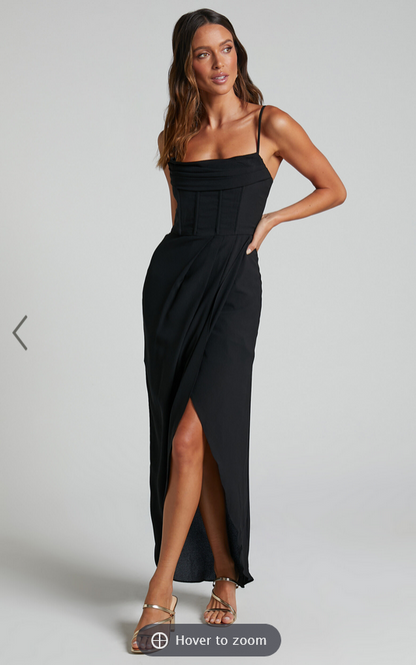 Showpo Andrina Midi Dress - High Low Wrap Corset Dress in Black