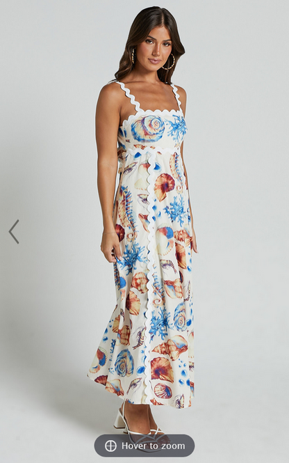 Showpo Lani Maxi Dress - Wavy Strap and Neck A Line Dress in Blue and Yellow Print