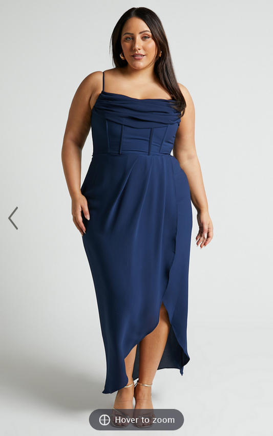 Showpo Andrina Midi Dress - High Low Wrap Corset Dress in Navy