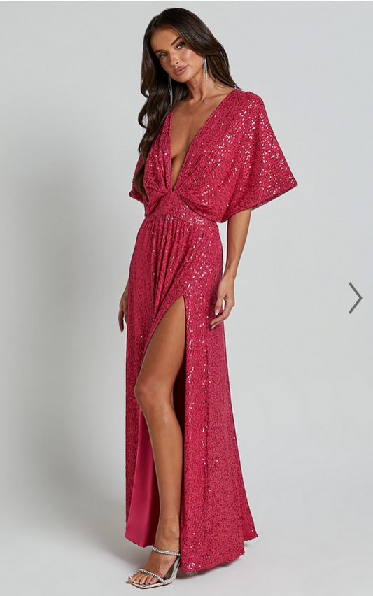 Showpo Miyah Maxi Dress - Sequin Plunge Short Sleeve Dress