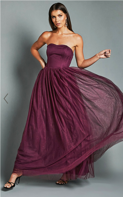 Showpo Gemma Maxi Dress - Strapless Sweetheart Tulle Fit & Flare in Aubergine