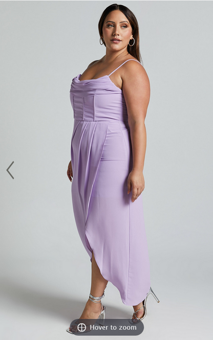 Showpo Andrina Midi Dress - High Low Wrap Corset Dress in Lilac