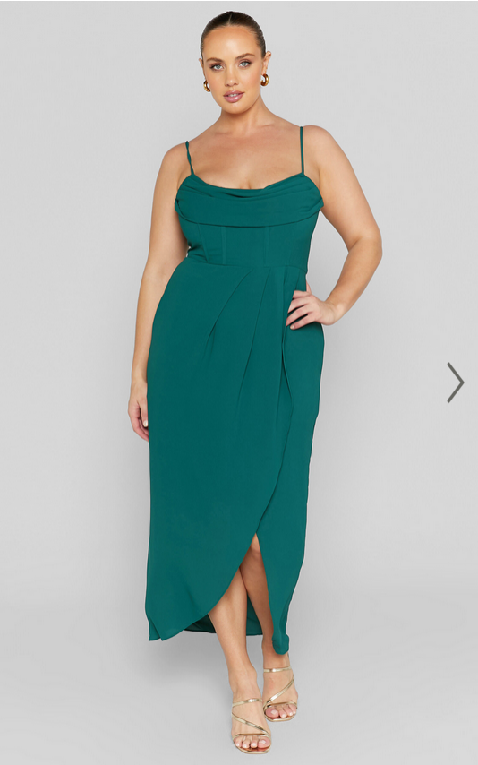 Showpo Andrina Midi Dress - High Low Wrap Corset Dress in Forest Green