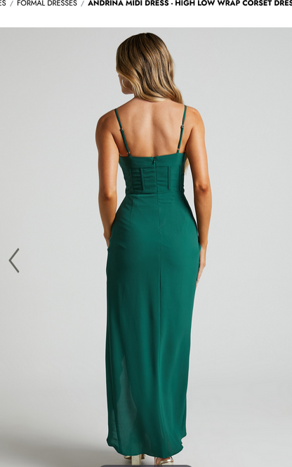 Showpo Andrina Midi Dress - High Low Wrap Corset Dress in Forest Green