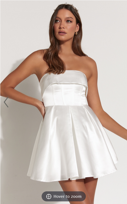 Showpo Valora Mini Dress - Strapless Fit and Flare Satin Dress in Ivory