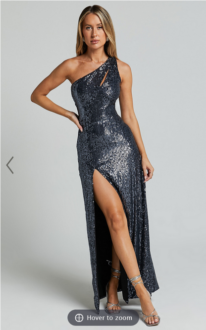 Showpo Rehyn Midi Dress - One Shoulder Asymmetric Cut Out Sequin Dress in Black