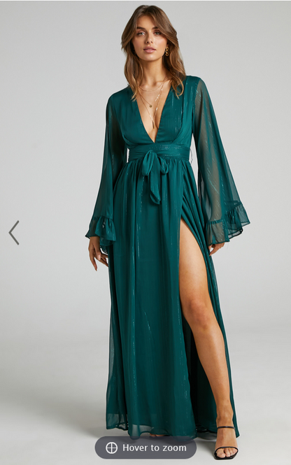 Showpo Dangerous Woman Maxi Dress - Plunge Thigh Split Dress in Emerald