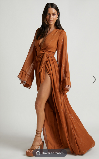 Showpo Dangerous Woman Maxi Dress - Plunge Thigh Split Dress in Rust