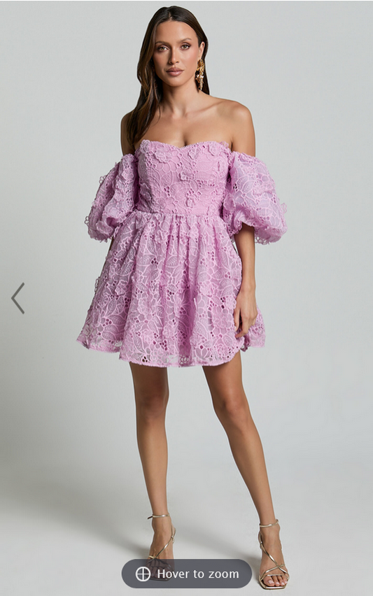 Showpo Amalie The Label - Lorena Sweetheart Off Shoulder Puff Sleeve Mini Dress in Purple