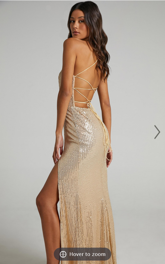 Showpo Magic Hour Maxi Dress - Thigh Split Tie Back Dress in Gold Sequin