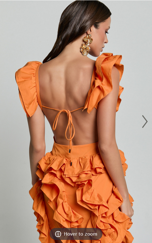 Showpo Amalie The Label - Lilou Ruffle Detail Cut Out Mini Dress in Orange