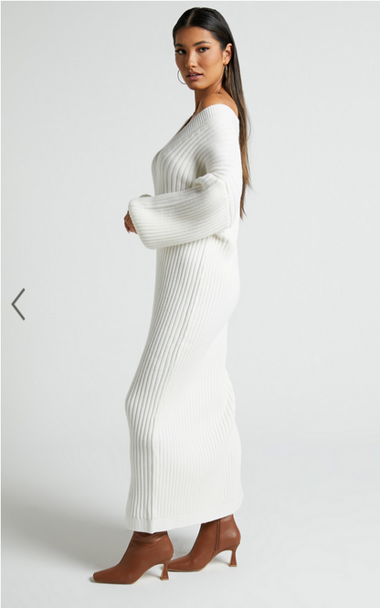 Showpo Kartia Midi Dress - V Neck Knit Dress in Off White