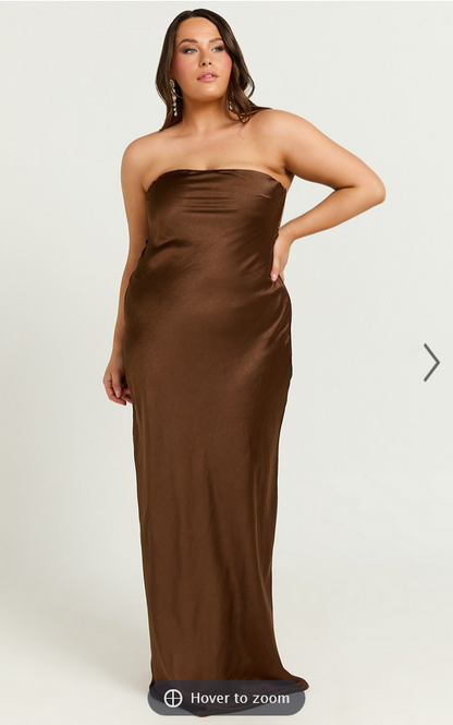 Showpo Charlita Maxi Dress - Strapless Cowl Back Satin Dress in Chocolate