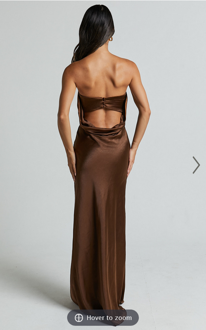 Showpo Charlita Maxi Dress - Strapless Cowl Back Satin Dress in Chocolate