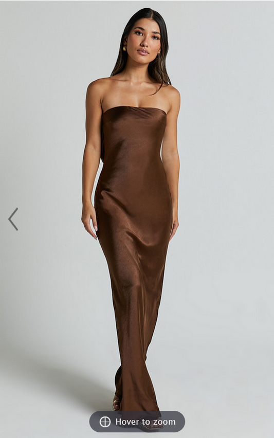 Showpo Charlita Maxi Dress - Strapless Cowl Back Satin Dress in Chocolate