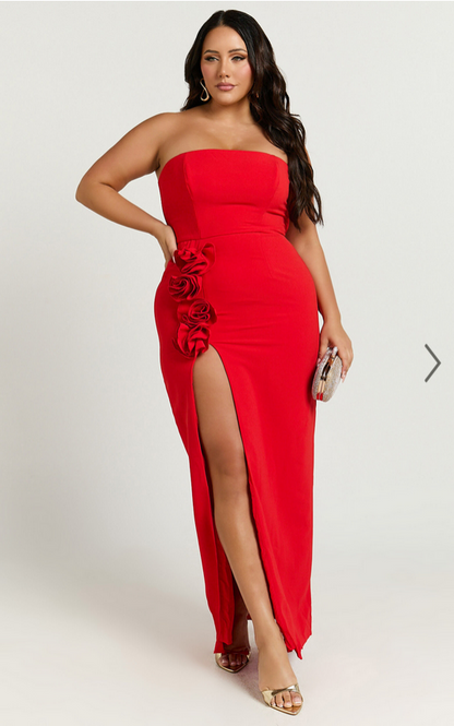 Showpo Ebby Maxi Dress - Strapless Rosette Thigh Split Dress in Red