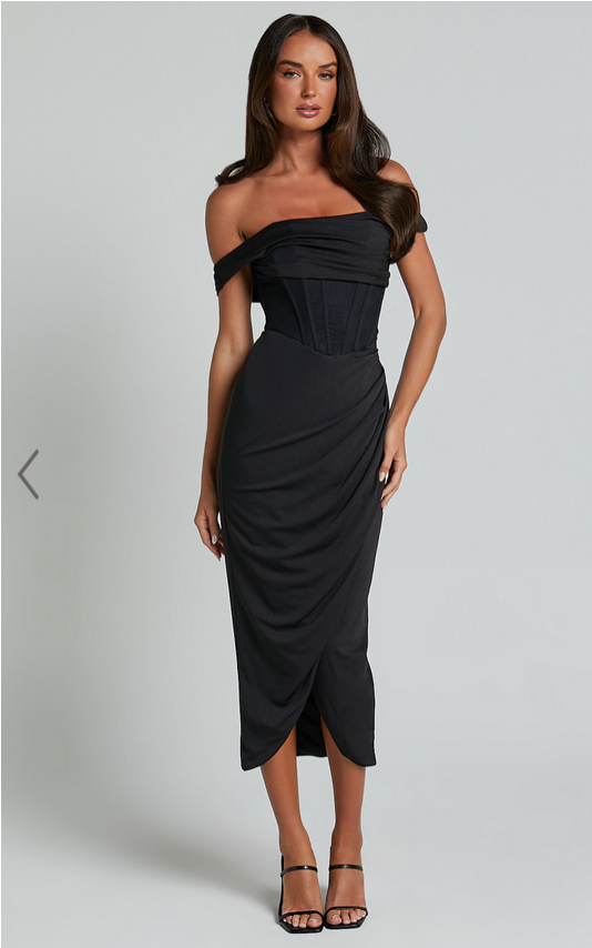 Showpo Aidia Midi Dress - One Shoulder Draped Corset Dress