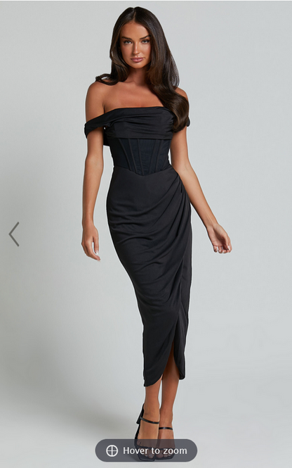 Showpo Aidia Midi Dress - One Shoulder Draped Corset Dress