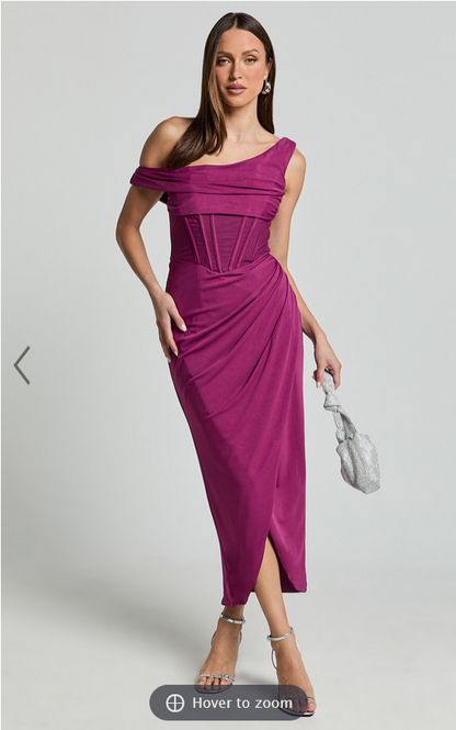 Showpo Aidia Midi Dress - One Shoulder Draped Corset Dress