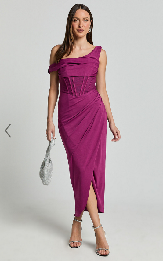 Showpo Aidia Midi Dress - One Shoulder Draped Corset Dress