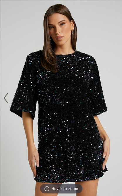 Showpo Valetta Mini Dress - Sequin low back shift dress in Midnight Blue Sequin