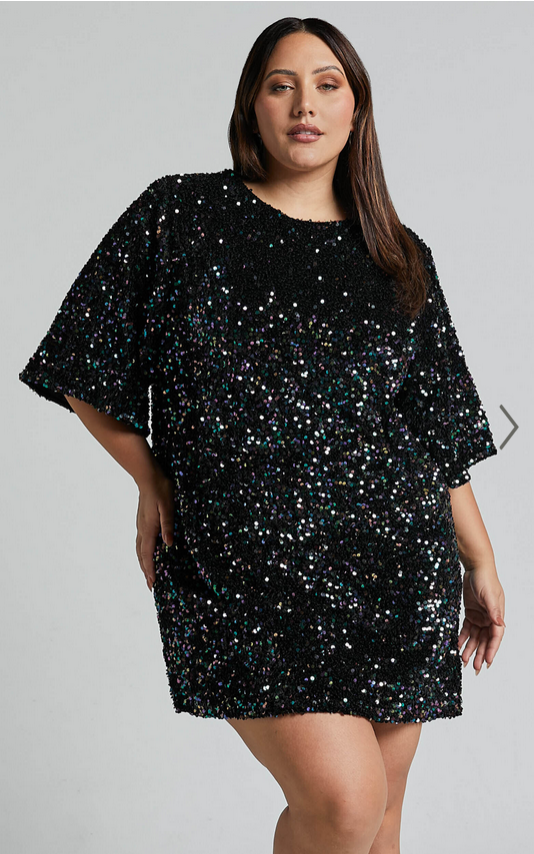 Showpo Valetta Mini Dress - Sequin low back shift dress in Midnight Blue Sequin