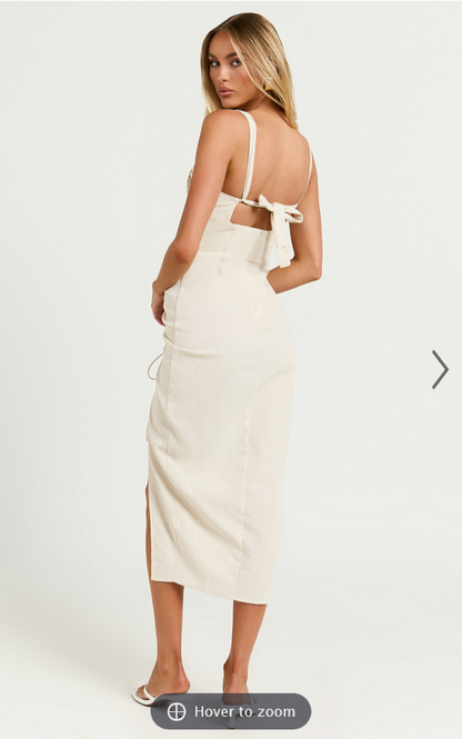 Showpo Griffin Midi Dress - Embroidered Tie Back Ruched Dress in Oatmeal