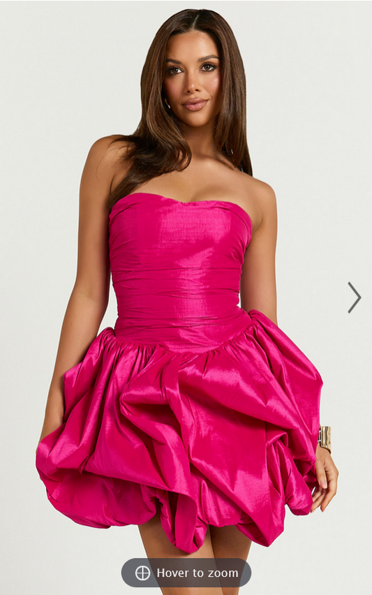 Showpo Deb Mini Dress - Ruched Strapless Bubble Hem Dress in Hot Pink