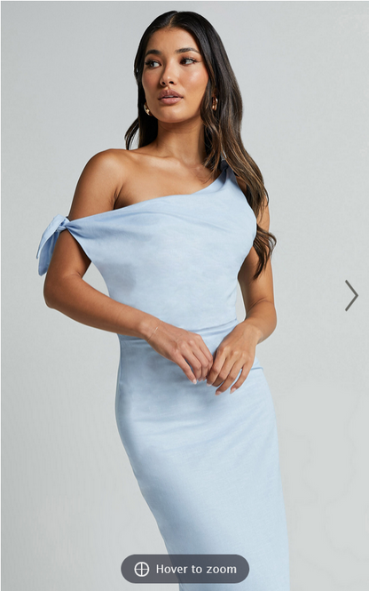 Showpo Cincinnati Midi Dress - Off The Shoulder Side Split Column Linen Look Dress in Pale Blue