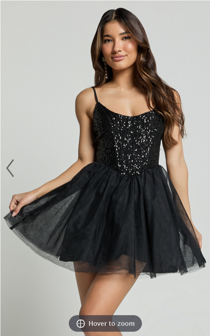 Showpo Violette Mini Dress - Sequin Corset Tulle Skirt Dress in Black