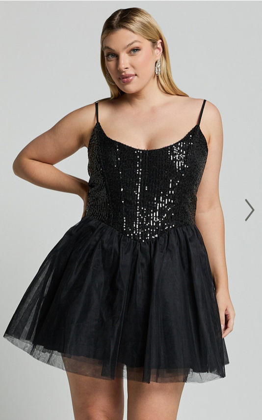 Showpo Violette Mini Dress - Sequin Corset Tulle Skirt Dress in Black