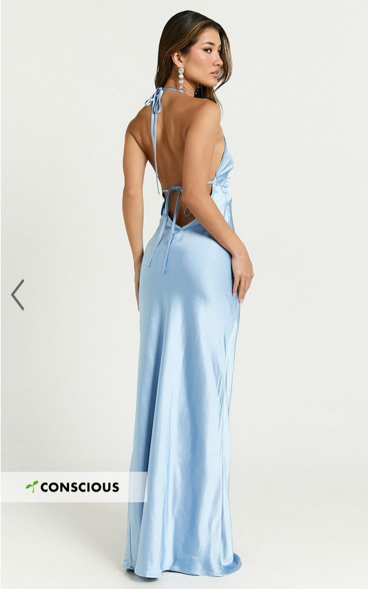 Showpo Adriene Maxi Dress - Satin Plunge Halter Dress in Dove Blue