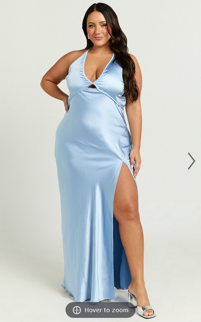 Showpo Adriene Maxi Dress - Satin Plunge Halter Dress in Dove Blue