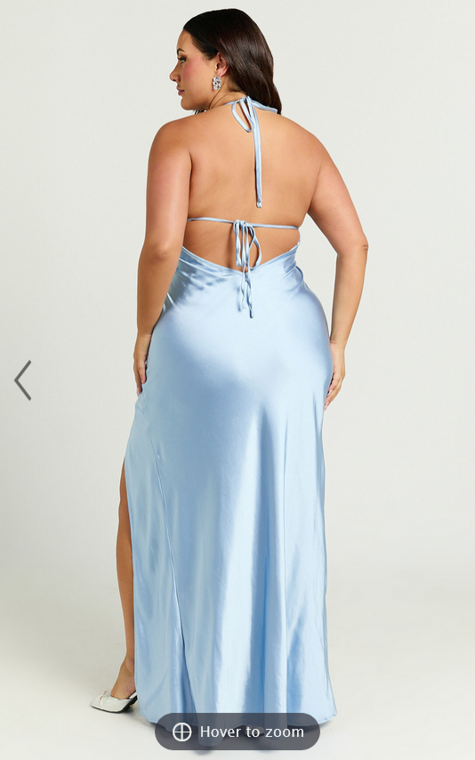 Showpo Adriene Maxi Dress - Satin Plunge Halter Dress in Dove Blue