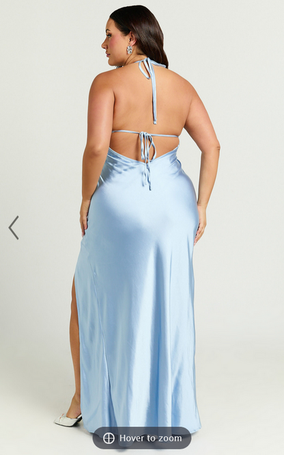 Showpo Adriene Maxi Dress - Satin Plunge Halter Dress in Dove Blue