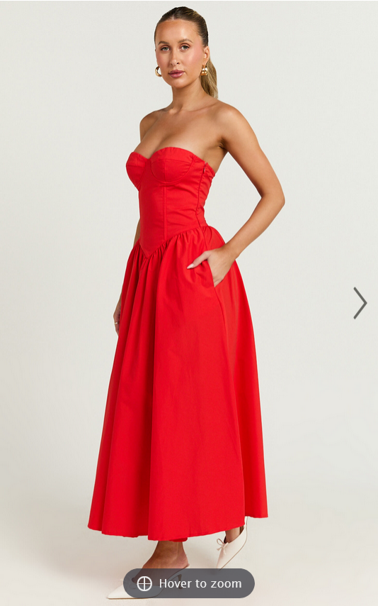 Showpo Daria Midi Dress - Strapless Corset Gathered Dress in Red