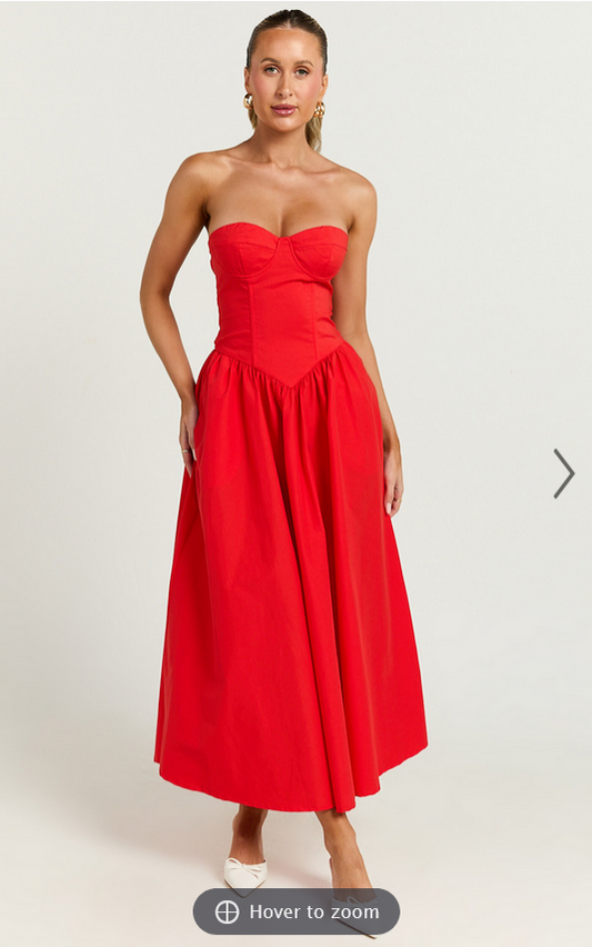 Showpo Daria Midi Dress - Strapless Corset Gathered Dress in Red