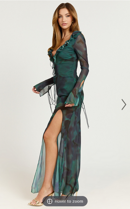 Showpo Katie Maxi Dress - Ruffle Plunge Neck Long Sleeve Dress in Green