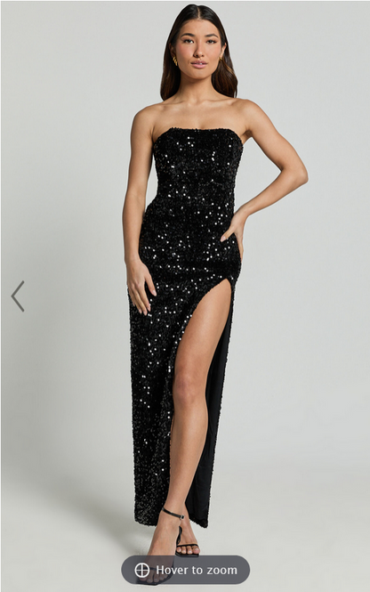 Showpo Ava Maxi Dress - Strapless High Split Sequin Dress in Black