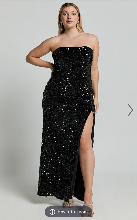 Showpo Ava Maxi Dress - Strapless High Split Sequin Dress in Black