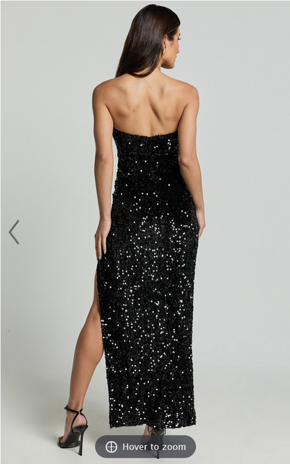 Showpo Ava Maxi Dress - Strapless High Split Sequin Dress in Black