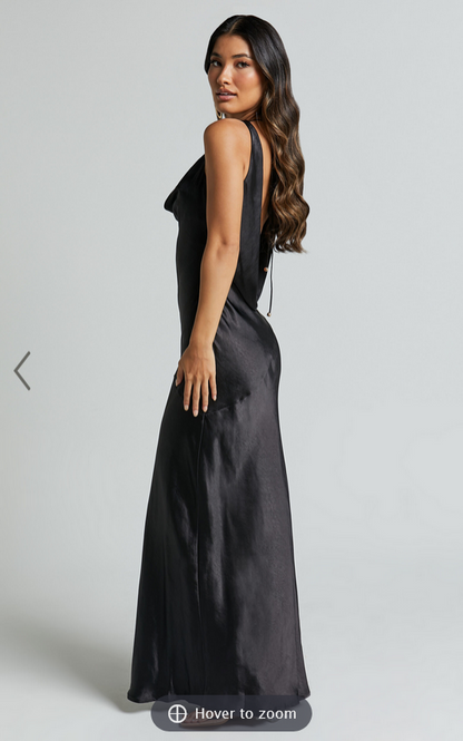 Showpo Adilah Maxi Dress - Cowl Neck Satin Dress in Black