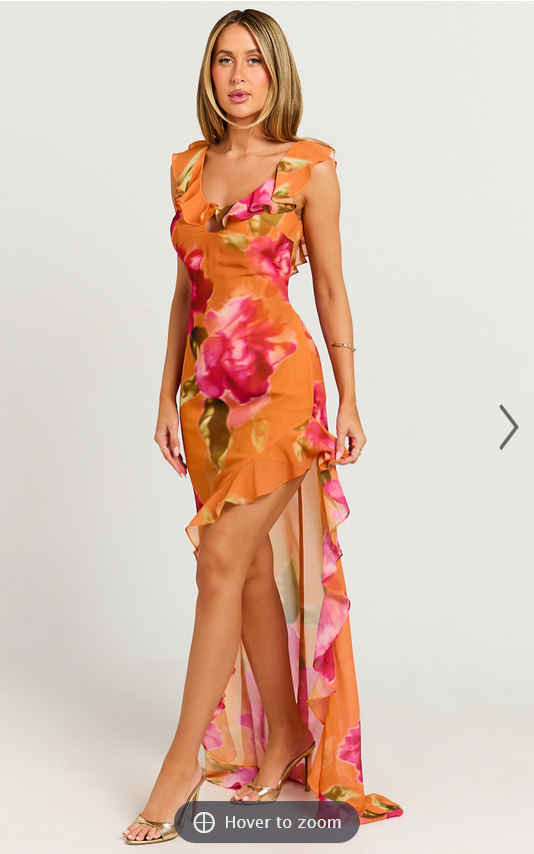 Showpo Theadore Maxi Dress - One Shoulder Asymmetric Hem Dress in Tropical Sunset